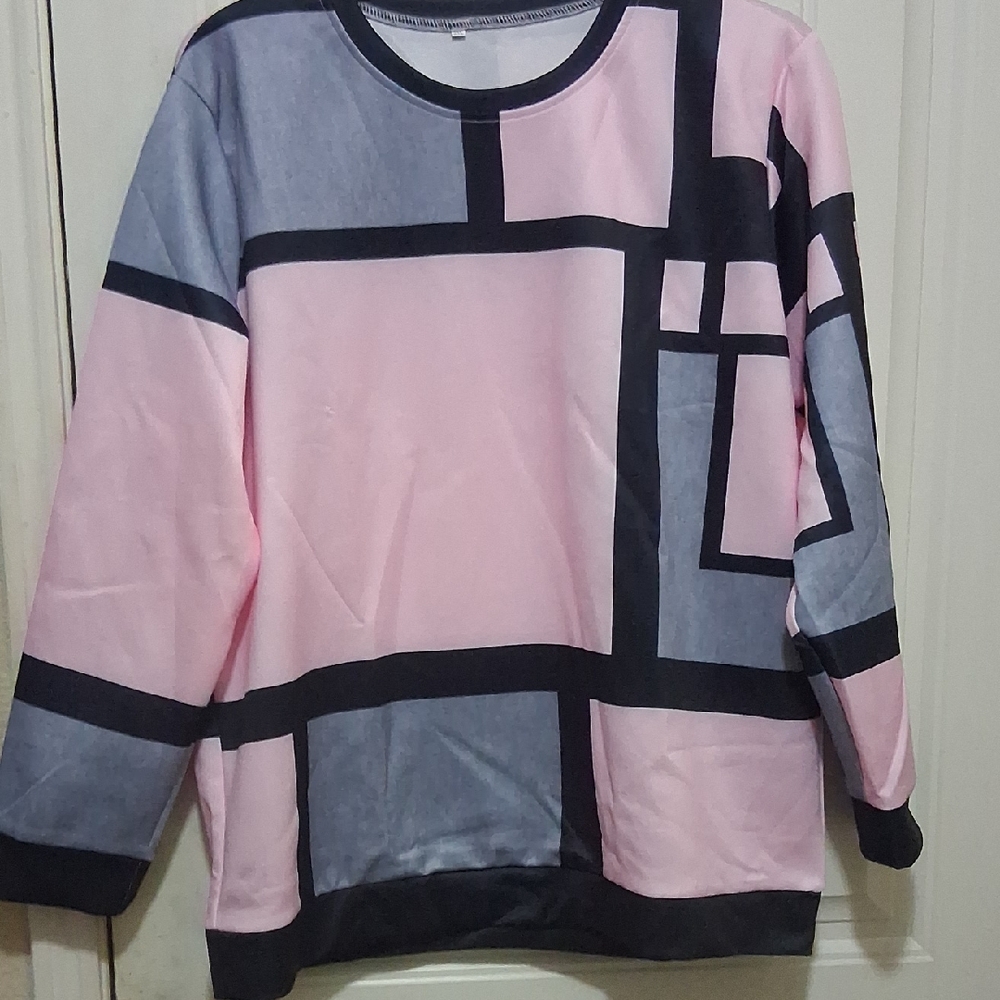 Pink and Gray Crew Neck Color-Blocked Sweater